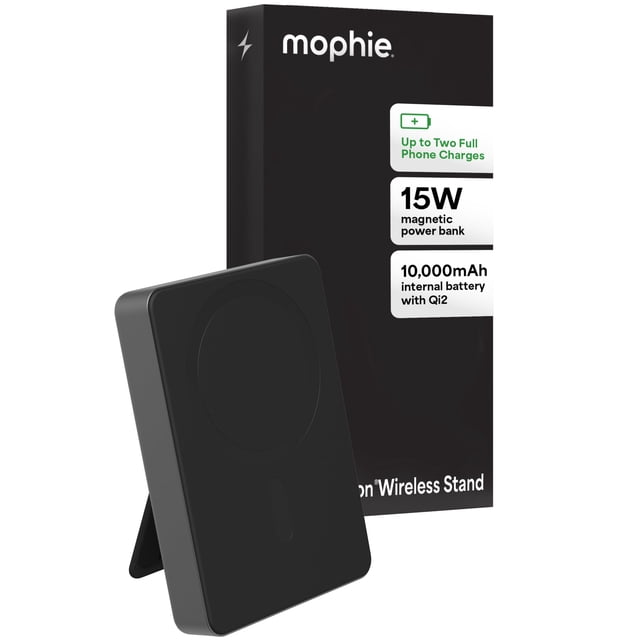 Powerstation Wireless Slim con Soporte Mophie 10,000mAh Power Bank – Compatible con MagSafe, Certificado Qi2 15W, Carga Rápida USB-C PD 30W, Batería Delgada para iPhone, Android, Viajes y Uso en Avión