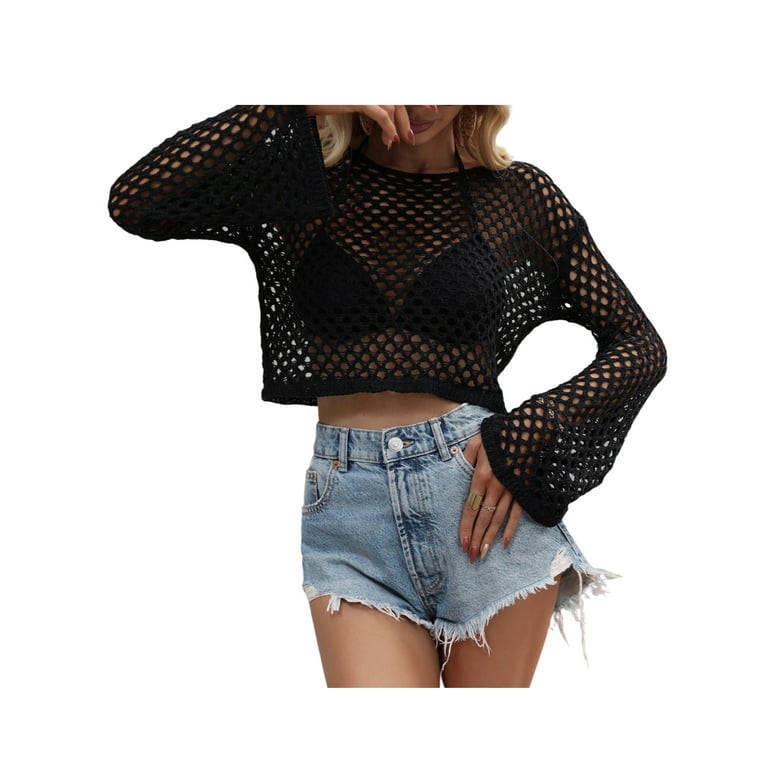 wybzd Women Hollow Out Sweater Pullover Long Sleeve Crohet Knit Crop Top  Mesh Knitted Pullover Tops Black XL
