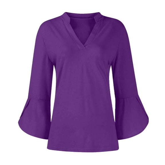 Endives 3/4 Length Sleeve Womens Tops V Neck Spring Shirts 2025 Petal Bell Sleeve Plus Size Boho Ethnic Style Tee Shirts Womens Long Sleeve Tops