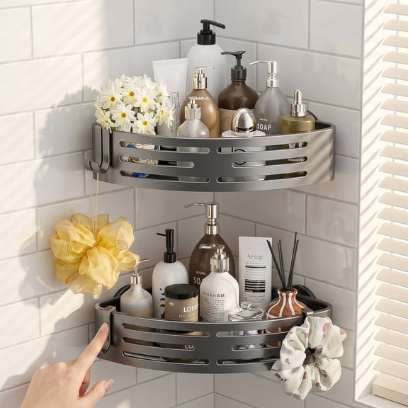 Corner Shower Caddy Suction Cup, 2-Pack Rustproof Bathroom Shelves with Hooks for Shampoo & Conditioner, No-Drill Wall Organizer with 44lb Load Capacity, Removable Storage Rack for Tile, Glass, and M