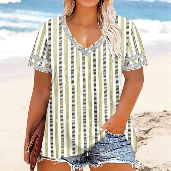 Horkkom Plus Size Tops for Women Spring Summer V Neck Short Sleeve Tops Striped Print Loose Casual Tops XXXXXL