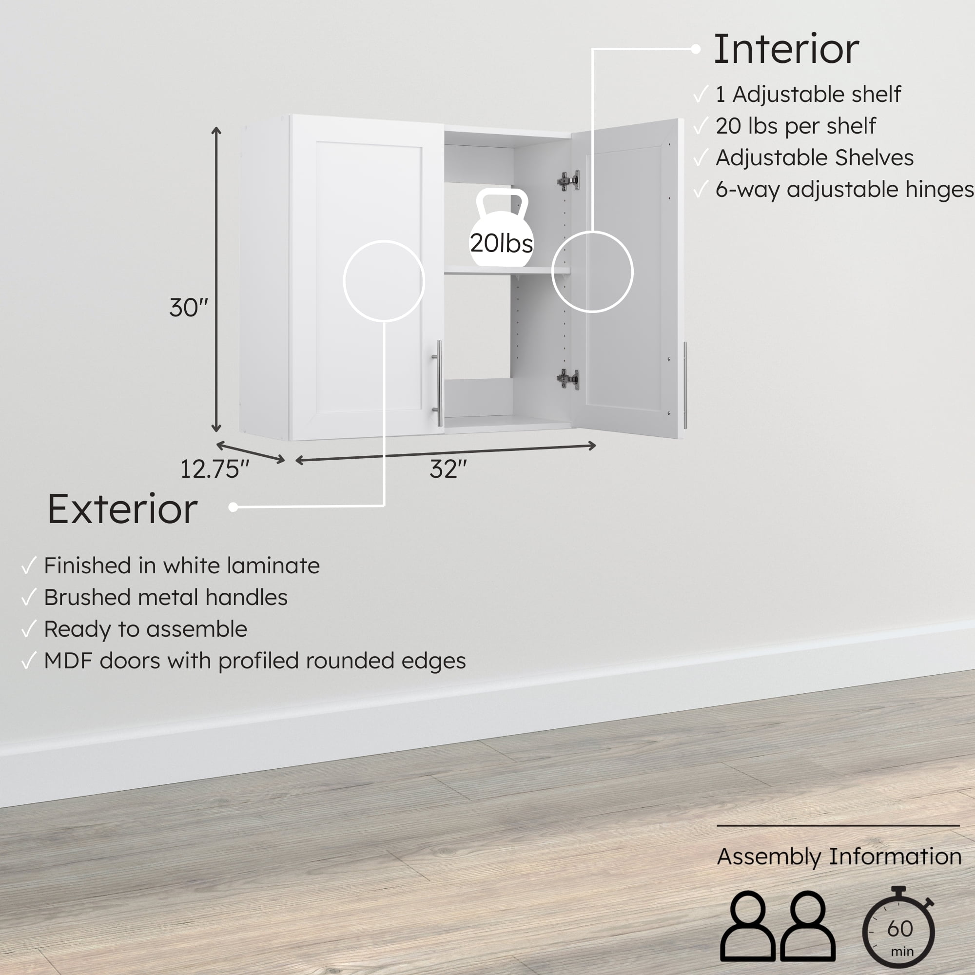 Prepac Elite 32" H Wall Cabinet with Panel Doors, White Storage Cabinet, Bathroom Cabinet, Pantry Cabinet with with 1 Adjustable Shelf 12.75" D x 32" W x 30" H, WSUR-1003-1
