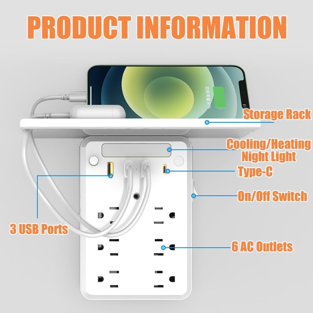 Wall Outlet Extender with Shelf & Night Light - 2026 New 11-in-1 Surge Protector: 6 Outlets, 3 USB-A + USB-C, Flat Plug for Home, Dorm-dh