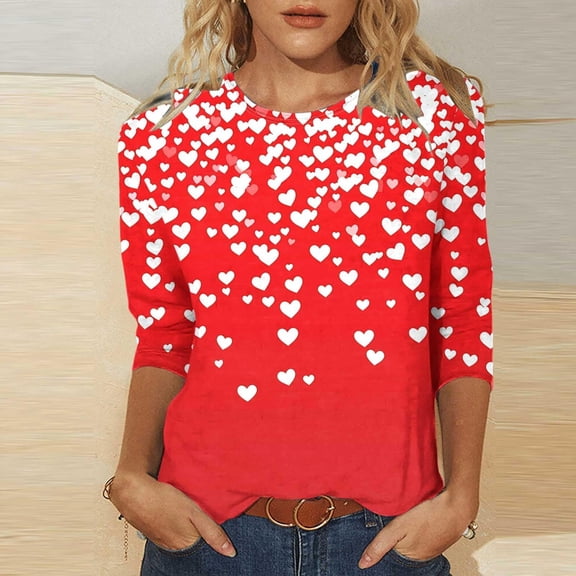 Valentines Shirts for Women Casual Short Sleeve Crew Neck Shirt Loose Heart Print Blouse T Shirt Comfy Soft Tee Pullover Outfits Red L