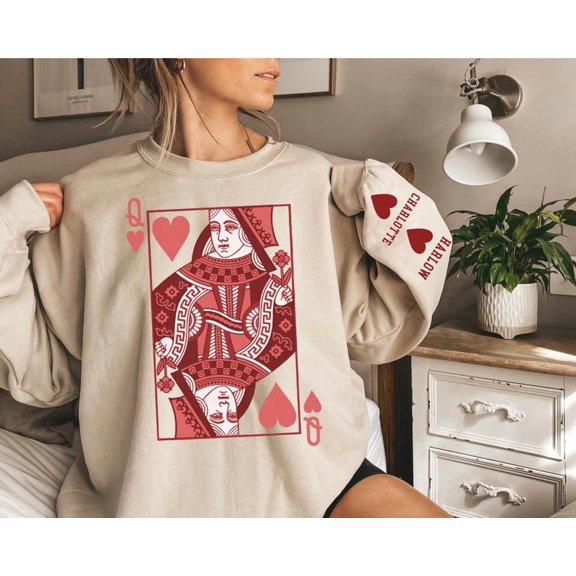 Custom Name Sweatshirt, Queen of Hearts Valentine Sweatshirt, Couple Valentines Sweatshirt - Sizes S-5XL ,Art Print JSC