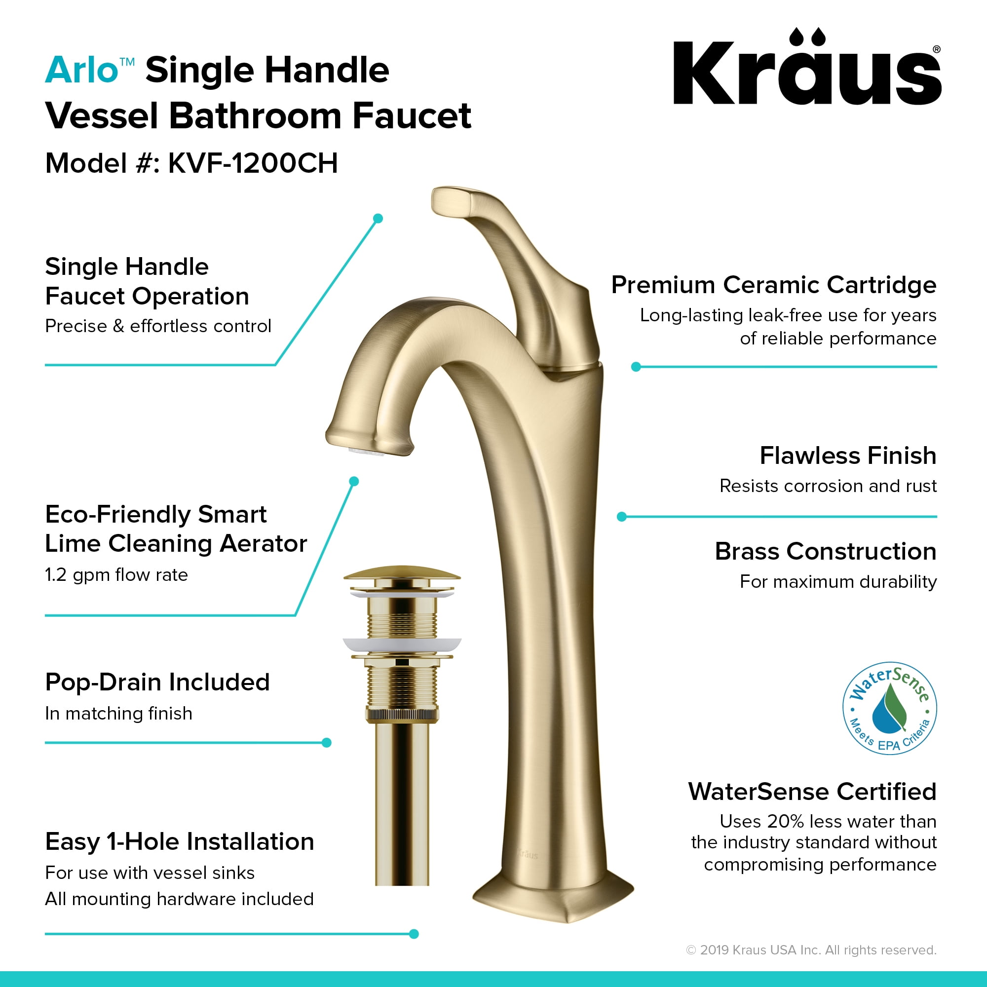 KRAUS Arlo Brushed Gold Tall Vessel Bathroom Faucet with Pop-Up Drain