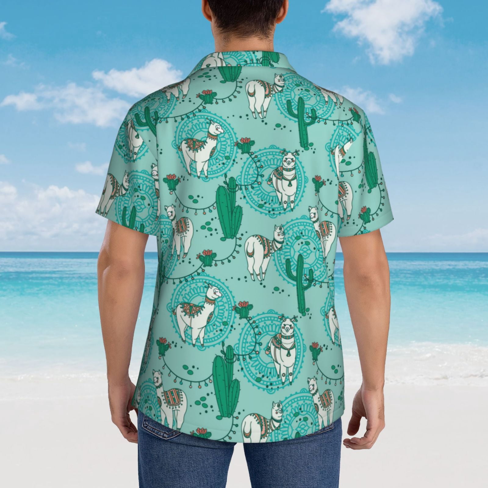 Logiee Alapaca in Boho Print Mens Hawaiian Shirts,Loose-Fit Short Sleeve Button Down Tropical Aloha Beach Shirt,Summer Vacation Wedding Tops,X-Large