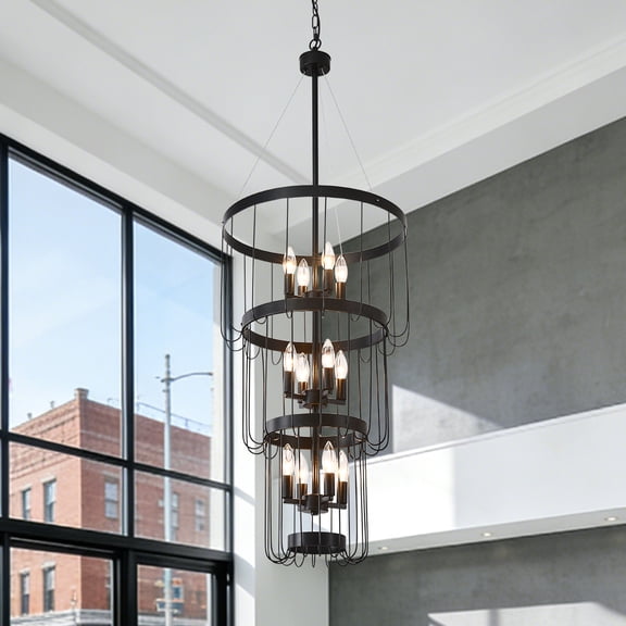 18" Black Farmhouse 12-Light Lantern Chandelier, Tiered Pendant Light with Adjustable Chain for Entryway Staircase Foyer Dining Room High Ceilings
