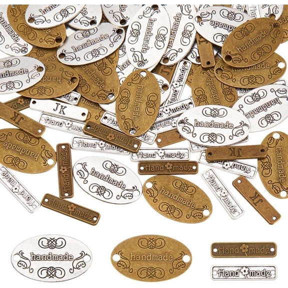 PH 88pcs 2 Shapes Handmade Metal Tags Tibetan Alloy Handmade Labels Pendant Bead Charm Metal Label Tag Signs for DIY Crafts Jewelry Making Bronze and Silver colorful