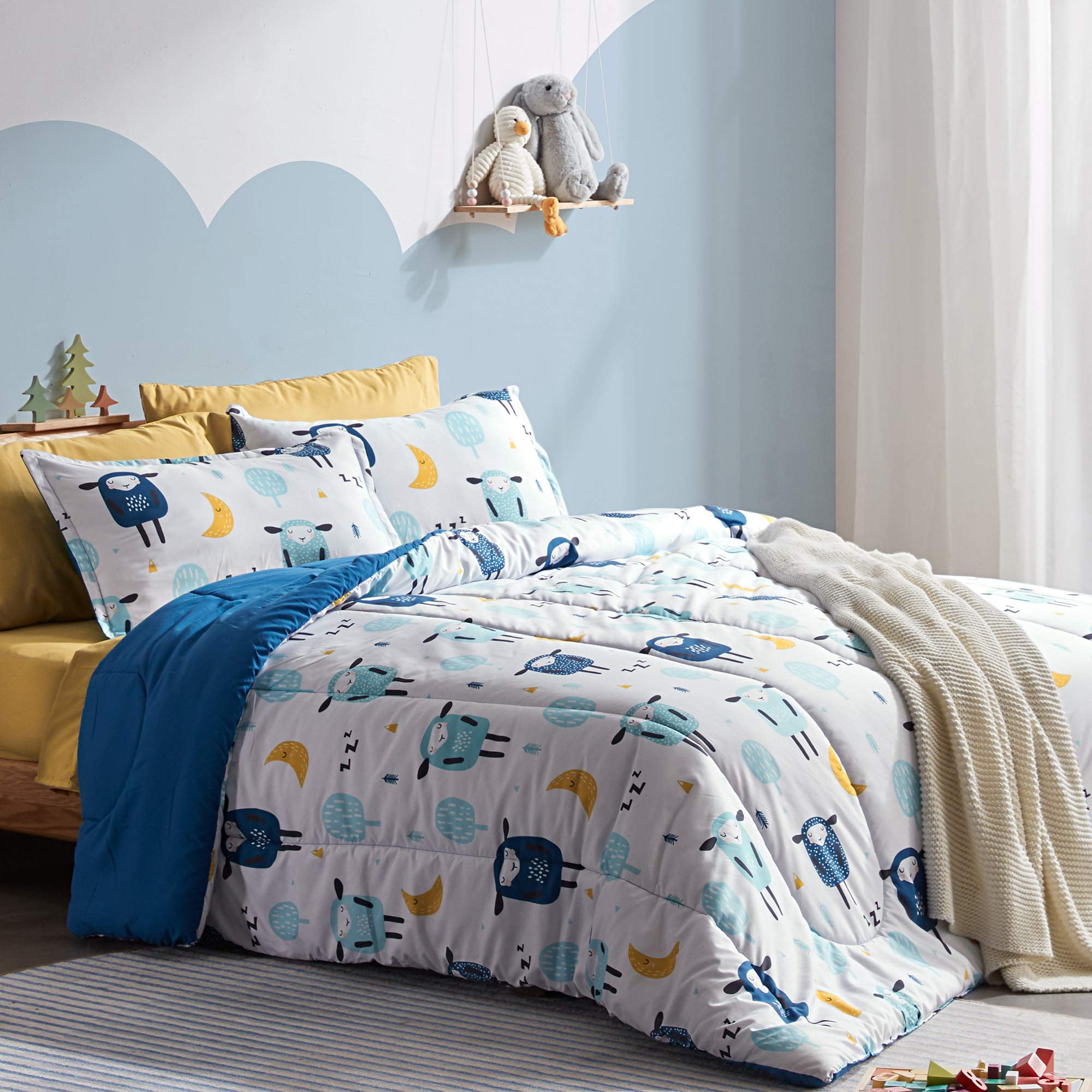Sleep Zone Kids Full/Queen Bedding Comforter Set - 7 Pieces Super Cute & Soft Bedding Sets & Collections with Comforter, Sheet, Pillowcase & Sham - Fade Resistant Easy Care (Blue Sheep)