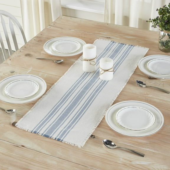 VHC Brands Antique White Stripe Blue Indoor/Outdoor Runner 12x36