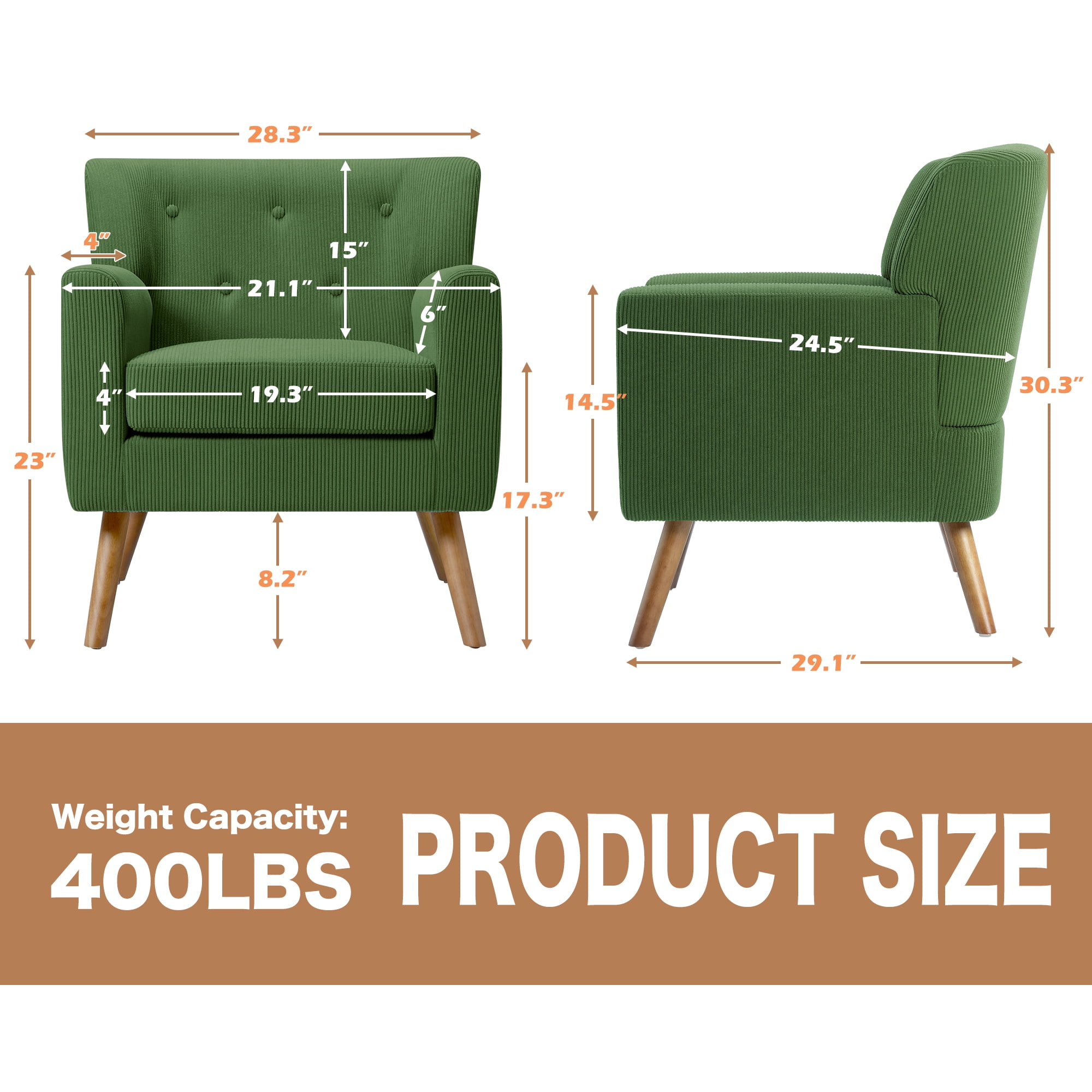 Mid-Century Accent Chair,Modern Comfy Armchair Upholstered Reading Chair Single Sofa Chair for Living Room,Apartment, Green