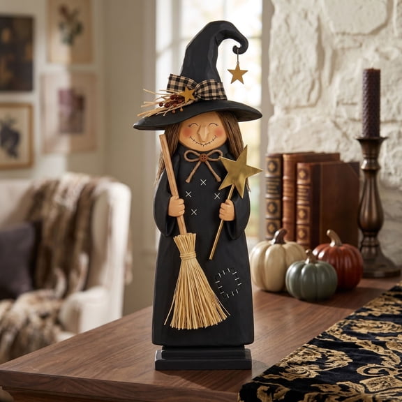 Vintage Hand Carved Wooden Witch Figurine, Rustic Folk Art Halloween Decor, Spooky Standing Statue for Shelves Mantel, Primitive Farmhouse Tabletop Ornament, Fall Home Gift