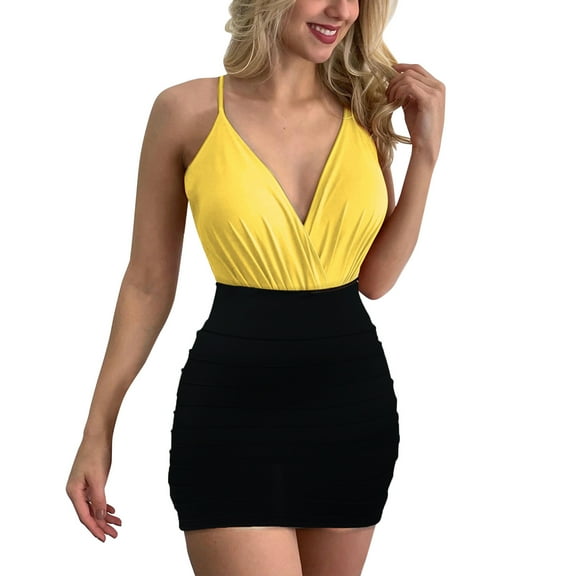 Women's Summer Sexy Sleeveless V-Neck Pleated Mini Sling Dress Spaghetti Straps Bodycon Beach Dress for Party Club