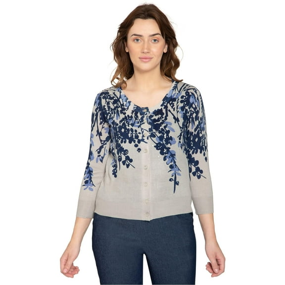 Turtle Bay New York Women's 3/4 Sleeve Knit Printed And Embellished Casual Cardigan Sweater
