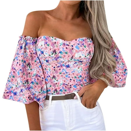 

SMihono Clearance Tops Blouses Shirts for Women Women Classic Floral Print Off The Shoulder Ladies Fashion 3/4 Sleeve Lantern Sleeve Slim Corset Elasticity Female Leisure Purple XL