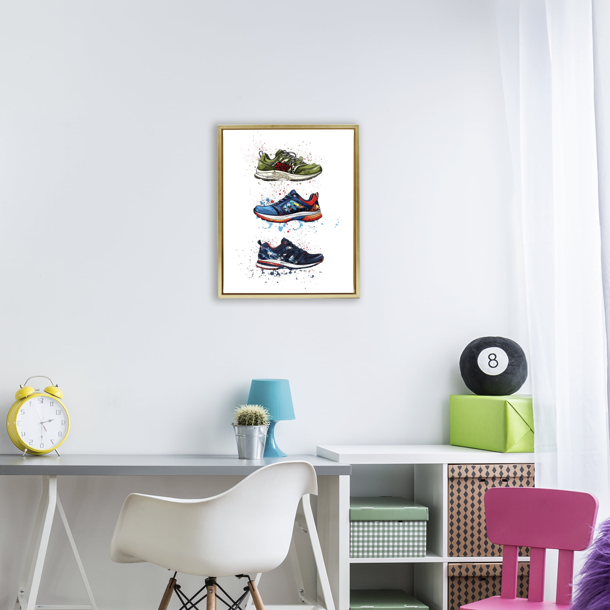 Modern Spray Sneakers Gold Framed Floater Canvas Wall Art, design by Christine Simpson Art
