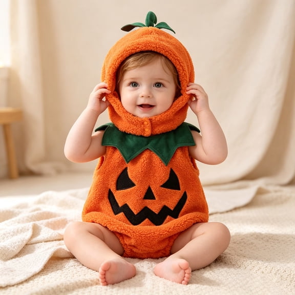 RMGVDSD Baby Girls Pumpkin Costume Newborn Halloween Romper Sleeveless One-Piece Outfit with Hat 2Pcs Festive Holiday Infant Clothes