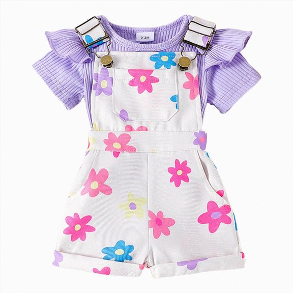 Paguaki Girl Clothes Summer Clothes Newborn Baby Girl Summer Clothes Ribbed Ruffle Short Sleeve Romper Daisy Suspender Overall Shorts 2Pc Outfits