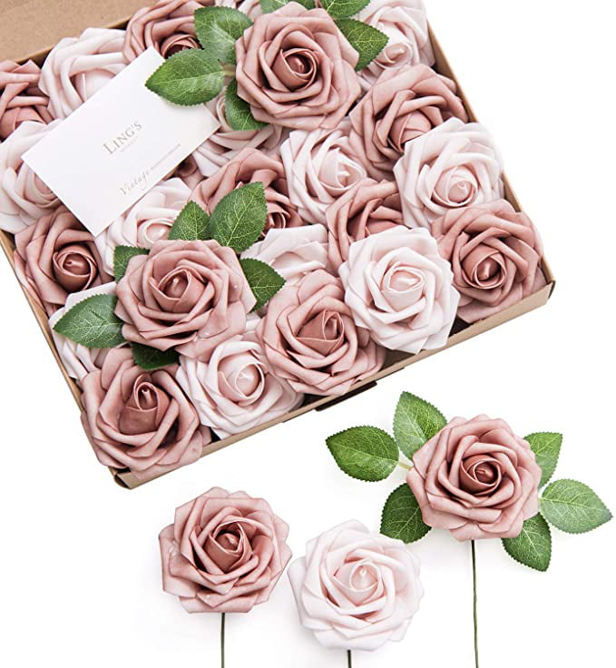 Ling's moment Roses Artificial Flowers 25pcs Realistic Dusty Rose Fake Roses with Stem for DIY Wedding Bouquets Centerpieces Floral Arrangements Decorations
