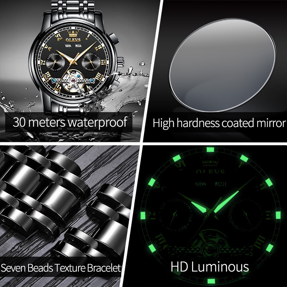 OLEVS Automatic Watches for Mens Self-Winding Mechanical Chronograph Classic Fashion Business Tourbillon Skeleton Stainless Steel Waterproof Luminous Mens Wrist Watches Reloj Para Hombre