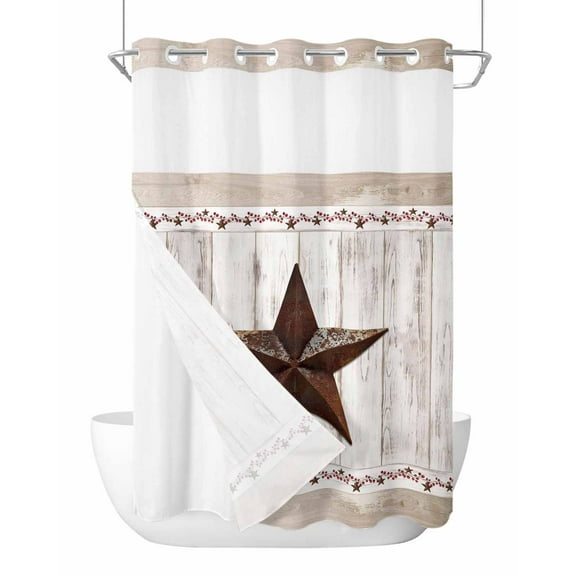 No Hook Cloth Fabric Shower Curtain with Snap in Liner, Farmhouse Waterproof Shower Curtains Set with See Through Top Window, Rustic Brown Country Star Barn Berry Wooden Bath Curtains Shower 60"x72"