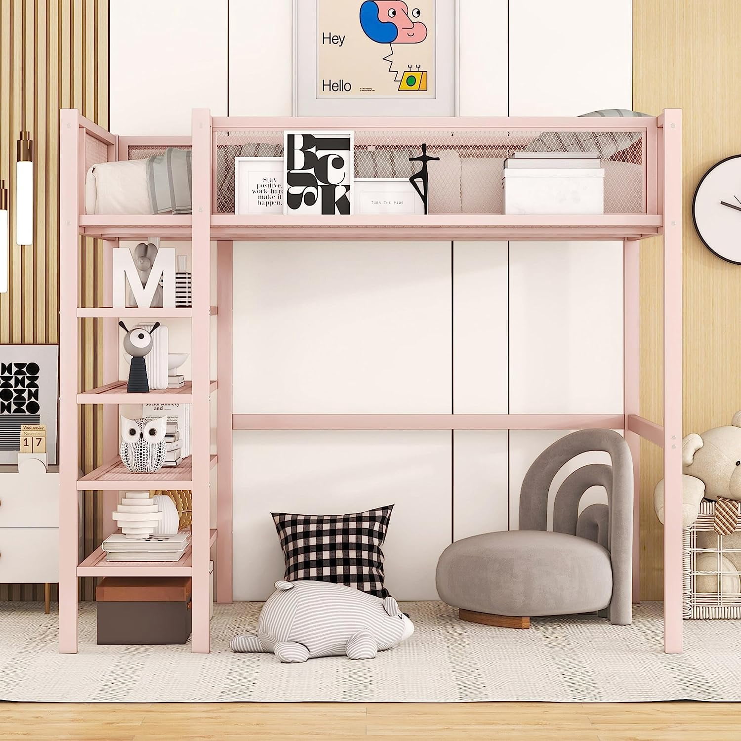 DEALTOPS Twin Size Metal Loft Bed with 4-Tier Shelves and Storage - Pink