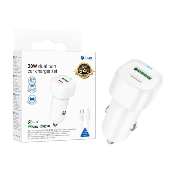 38W Dual Port Car Charger USB-C PD3.0 20W USB-A QC3.0 18W - Compact Design, 1M Cable Included, 540-Day Warranty for Cars/Trucks