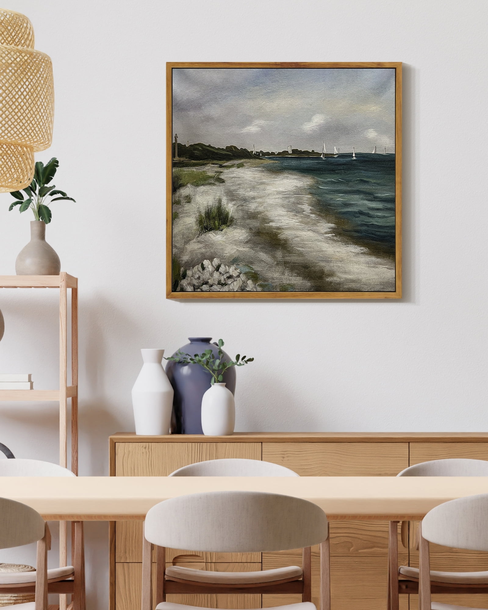 Drsoum Vintage Ocean Seascape Canvas Wall Art 16x16in Natural Framed Seaside Coastal Scenery Classic Bedroom Office Decor