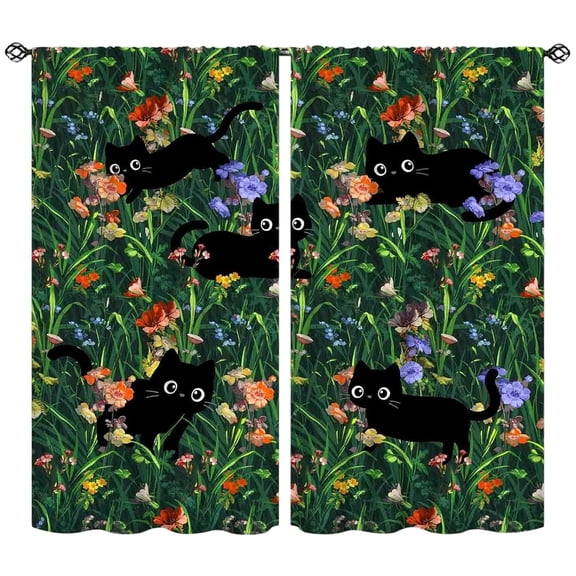 Cat Curtains Cute Curtains For Bedroom Watercolor Black Floral Garden Green Cat Aesthetic Window Drapery For Living Room Kitchen Bathroom