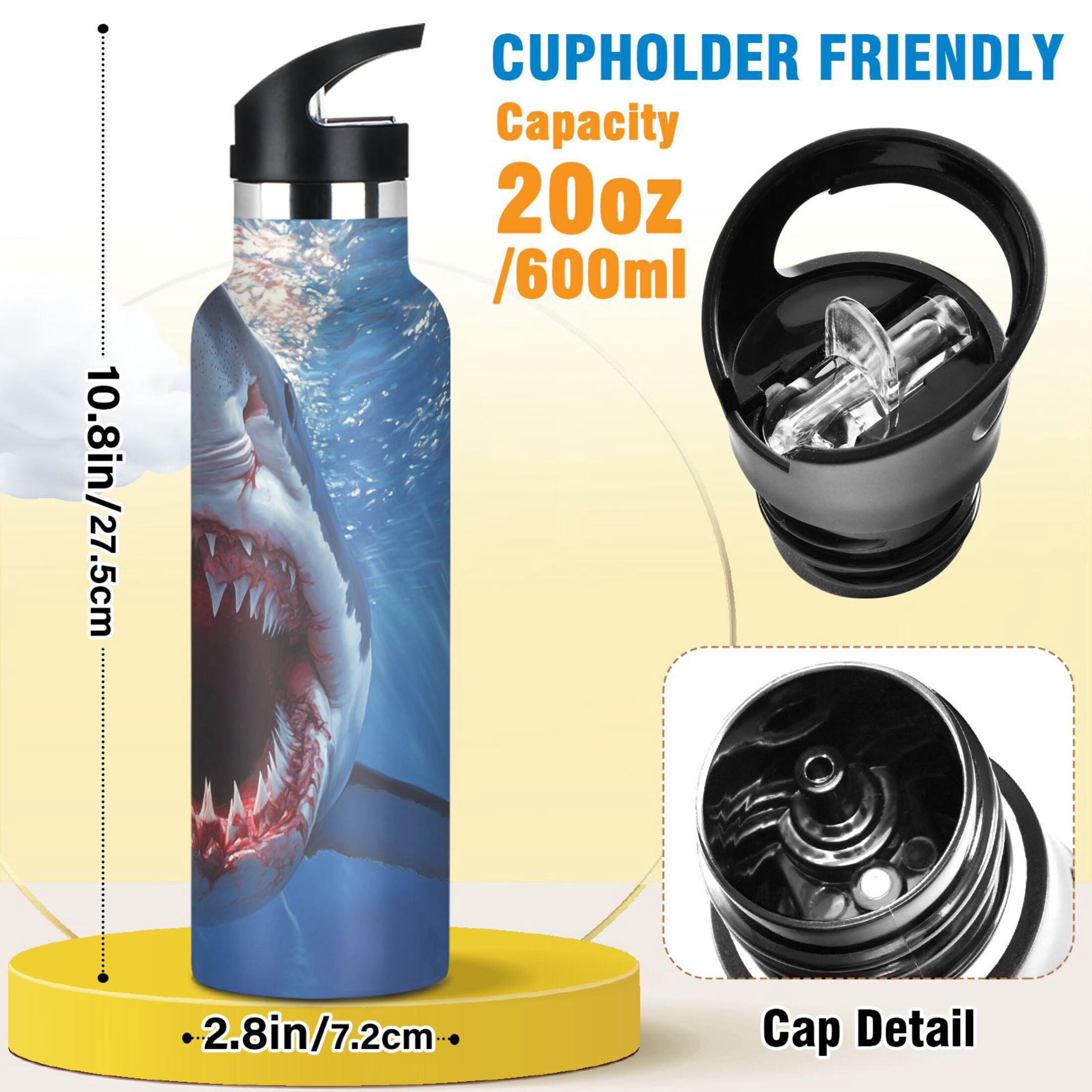 Kids Insulated Stainless Steel Sports Water Bottle 600ml (20oz), BPA-Free Open Shark Mouth