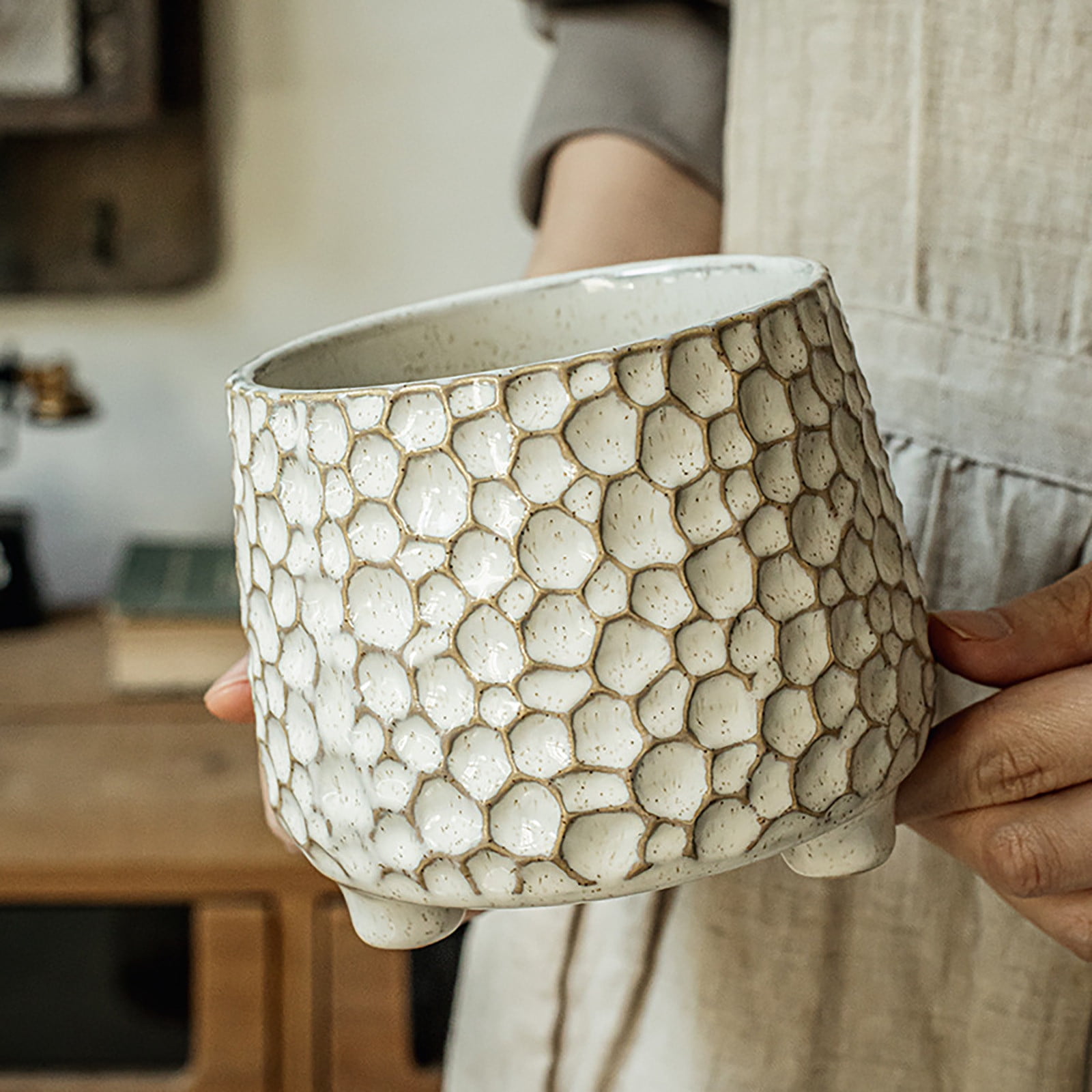 Utensil Crock, 4.3 Inch Utensil Holder for Counter, Kitchen Utensil Organizer, Farmhouse Kitchen Countertop Decor, Flower Pot, Makeup Tool Holder, Pen Holder, Pinecone-Shaped Ceramic Storage Jar