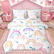 Homewish Cartoon Rainbow 7pcs Bedding Comforter Set For Kids Boys Girls,Kawaii Stars Print Queen Bedding Sets Super Cozy,Dreamy Princess Queen Sheet Sets,Microfiber Bedroom Decor,Reversible