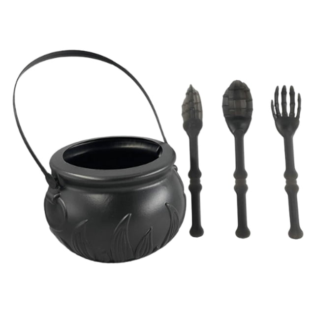 Caldero de Halloween con utensilio para mesa, minidecoración portátil reutilizable, recuerdos de fiesta para niños, caldero de , cubo de Negro