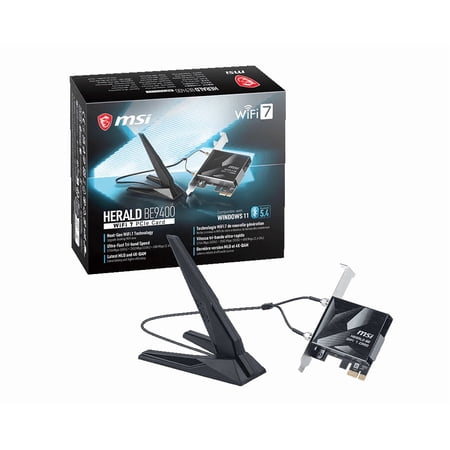 MSI HERALD BE9400 WiFi 7 PCIe Card with Bluetooth 5.4, WiFi 7 (802.11be/ax/ac/n/g/b/a), Tri-Band (6/5/2.4GHz) Speeds, WPA3