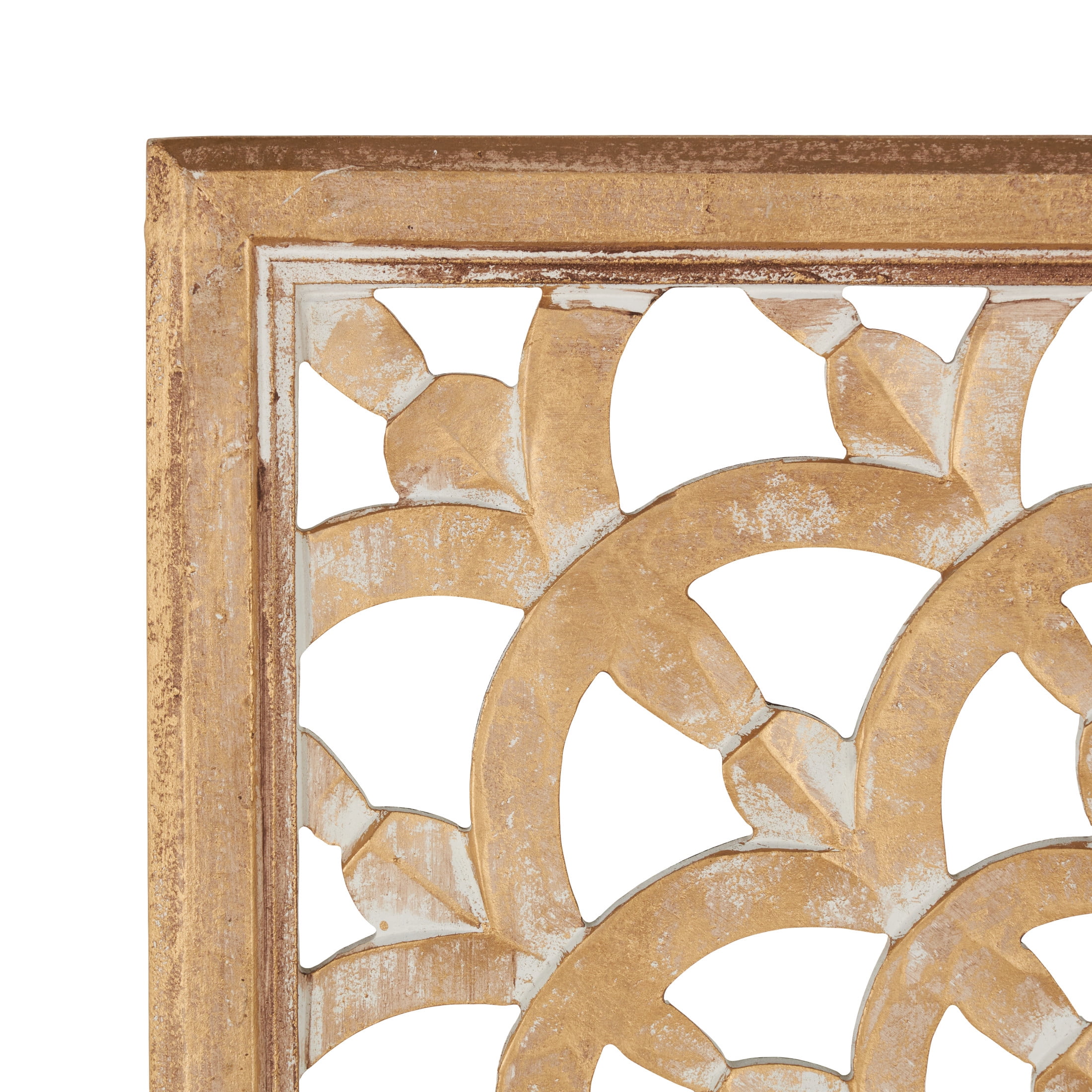 DecMode Traditional Carved Wood Floral Patterned Wall Décor with Brown/White Distressed Finish, 36"W x 36"H