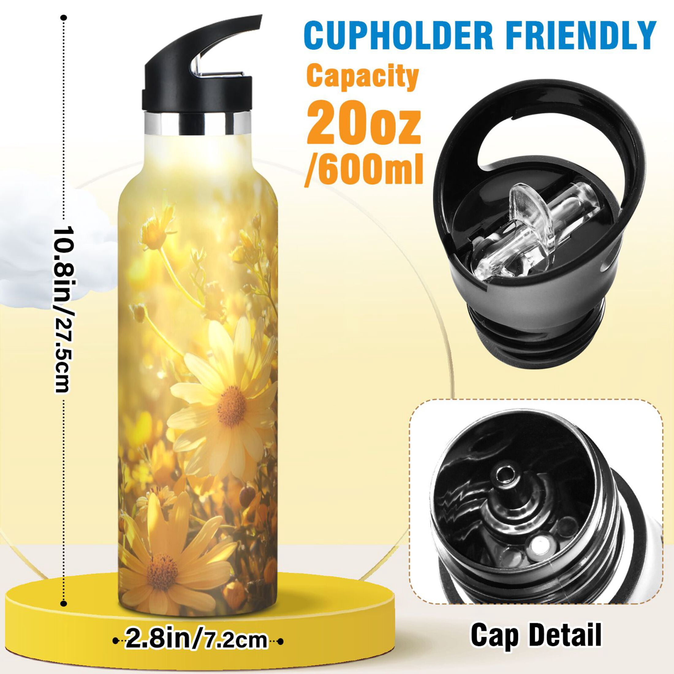 Kids Insulated Stainless Steel Sports Water Bottle 600ml (20oz) Yellow Flowers and Butterfly