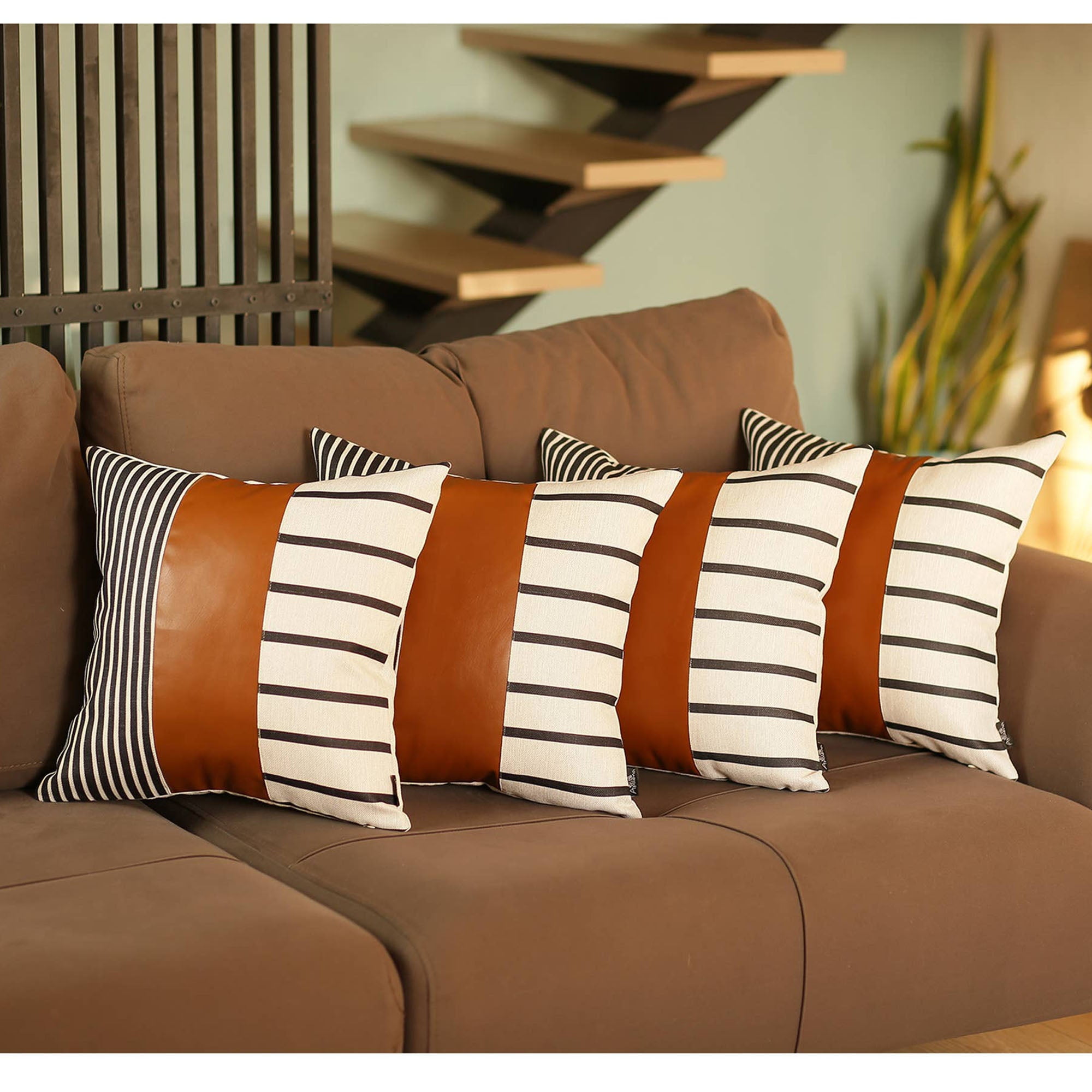 Boho Brown and Ivory Faux Leather Geometric 24" Throw Pillow Covers Set