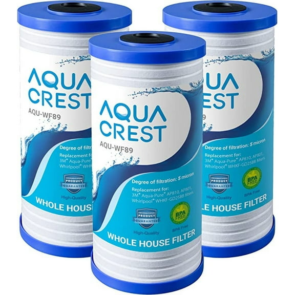 3 Pack AQUACREST WHKF-GD25BB Whole House Water Filter, Replacement for 3M Aqua-Pure AP810, AP801, AP811, Whirlpool WHKF-GD25BB, WHKF-DWHBB, 5 Micron, 10" x 4.5", Well & Tap Water Filter, Pack of 3