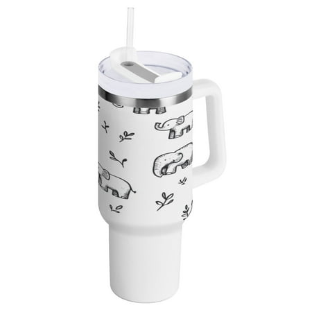 

40 Oz Car Handle Water Bottle 10.8x3.85 Inch Handle And Straw Travel Water Bottle Reusable Stainless Steel Water Bottle Cute White Cartoon Elephant