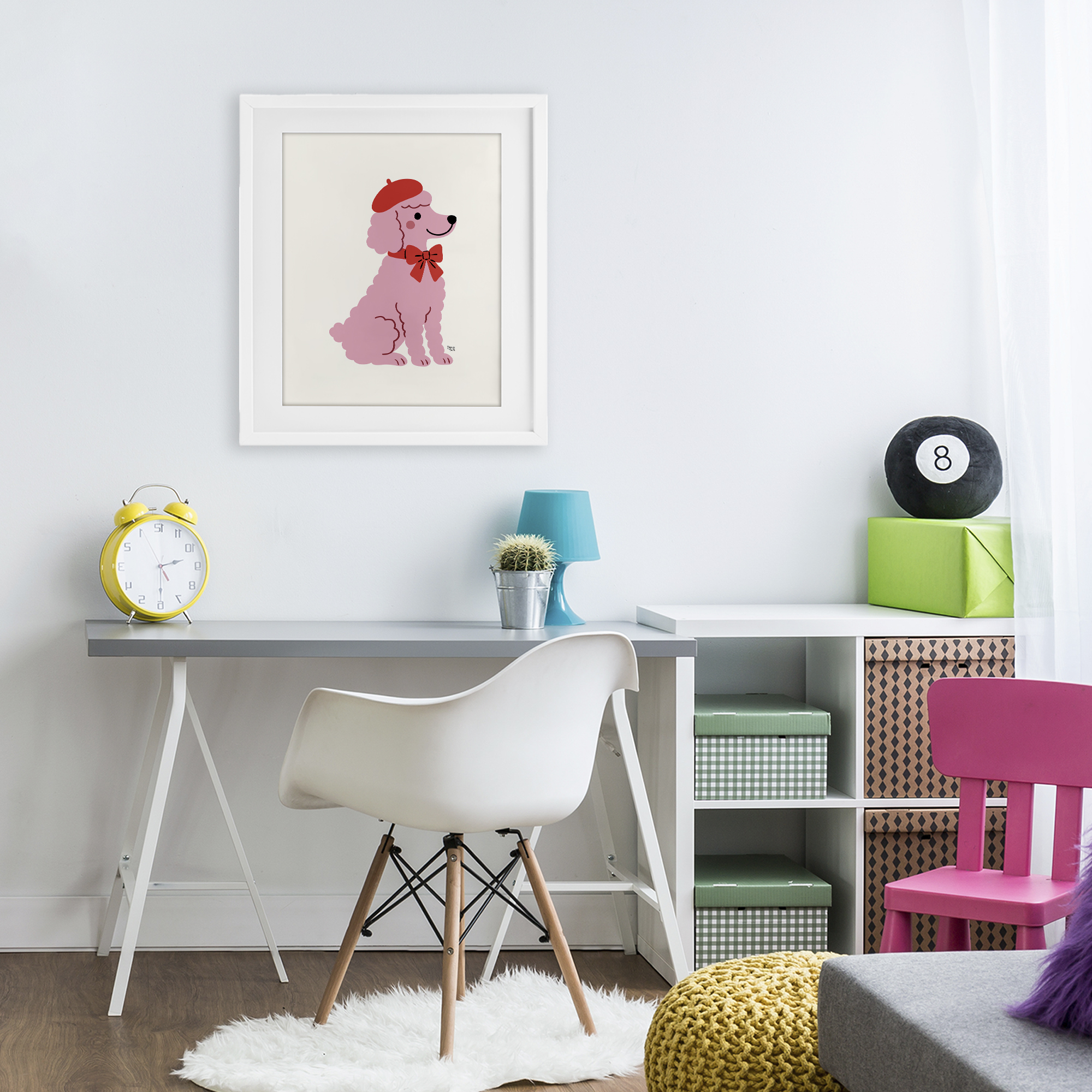 French Poodle in Beret White Framed Print Under Glass, design by Jessica Beck