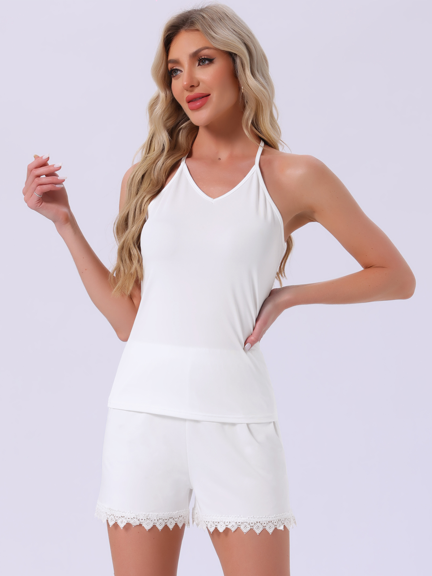 DARING DIVA Cami Pajamas Lace Trim V Neck 2 Pieces Sleepwear L White
