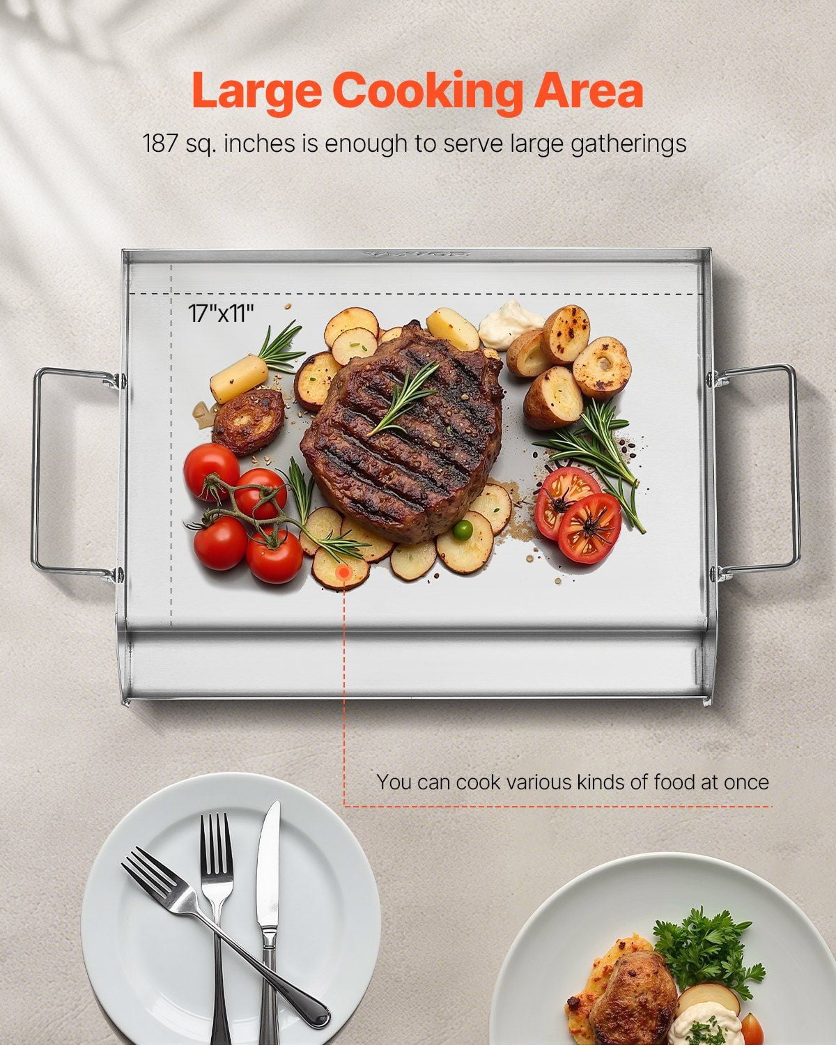 Stainless Steel Griddle 17x13 inch - Universal Flat Top Grill Plate for BBQ, Teppanyaki, Camping & Tailgating - Portable Cookware with Handle