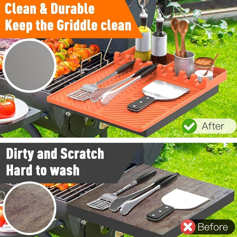 Silicone Grill Mat, Griddle Tools Mat for Blackstone, Spatula Grill Mat with Drip Pad for Kitchen, Cooking, Countertop, BBQ Caddy Utensils Holder Griddle Accessories for Blackstone