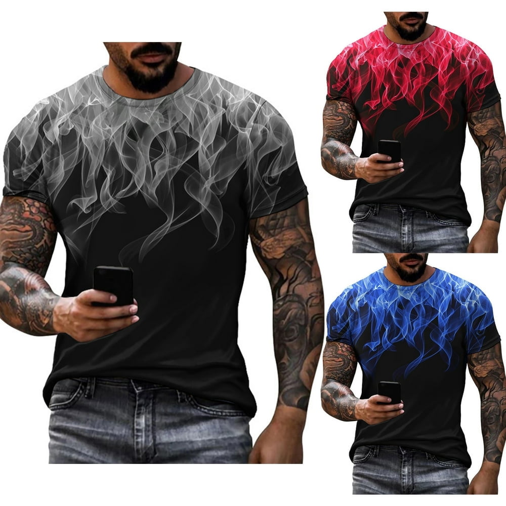 CNKOO 3D Flame Print Gradient Color Men T-shirt Quick Drying Short Sleeve O-neck Tee Shirt Pullover Top