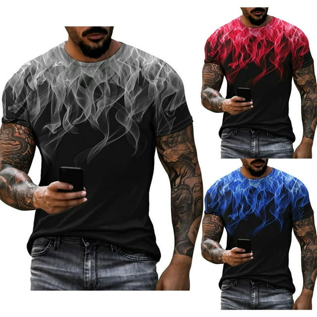3D Flame Print Gradient Color Men T-shirt Quick Drying Short Sleeve O-neck Tee Shirt Pullover Top