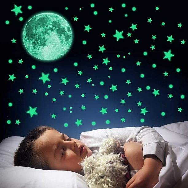 Estrellas que brillan en la oscuridad para techo, estrellas brillantes y realistas y pegatinas de pared de luna llena para cielo estrellado, 407 calcomanías de pared adhesivas luminosas estrellas de techo para decoración de habitación fresca decoración de pared de habitación de niños Vhermosa HMYH508