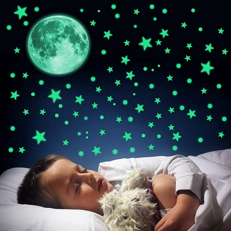 Glow in The Dark Stars Wall Stickers, Adhesive Bright and Realistic Stars and Full Moon for Starry Sky, Shining Decoration for Girls and Boys
