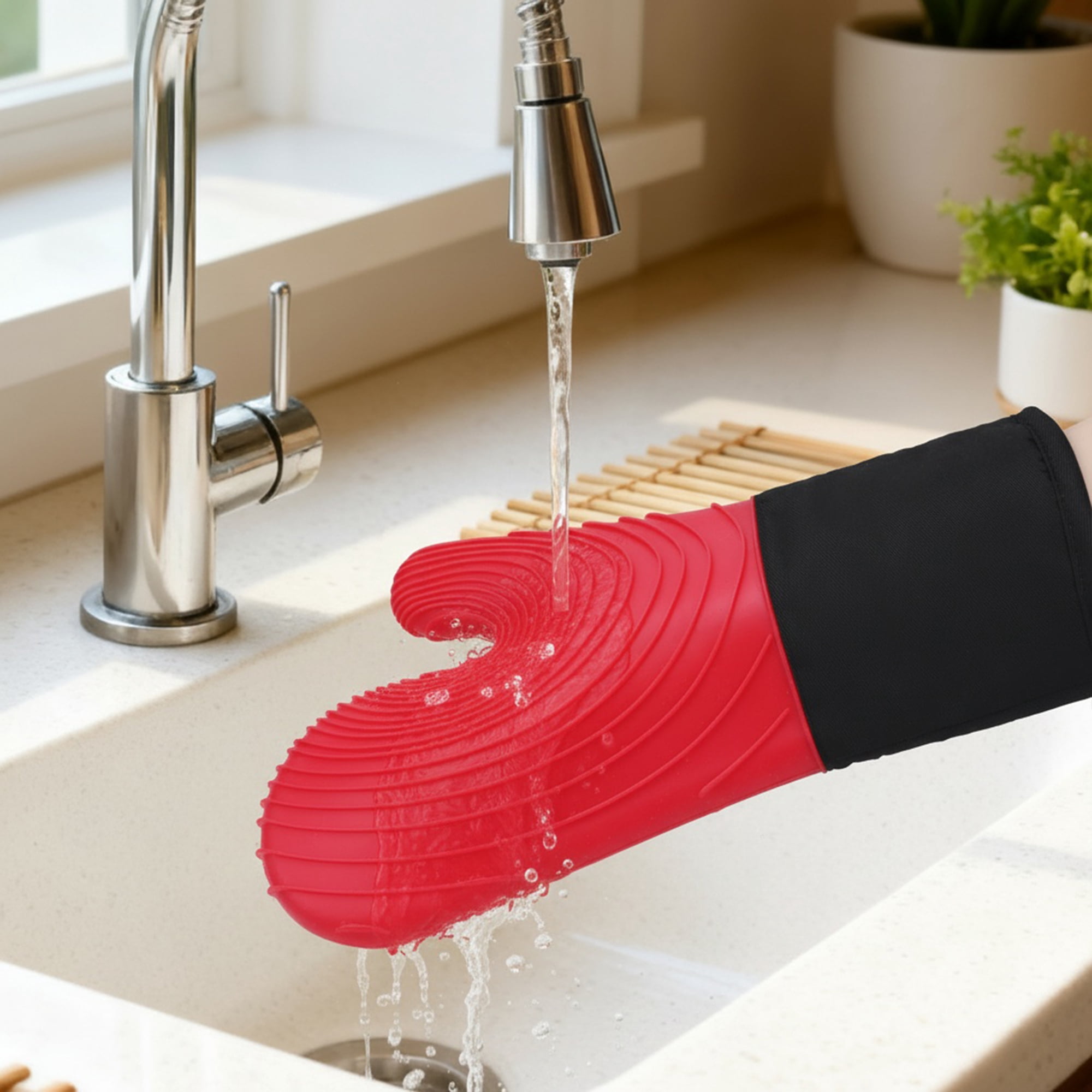 Unique Bargains Cotton Oven Mitts Heat-Resistant Cooking Gloves Red 13.4x7.1inch