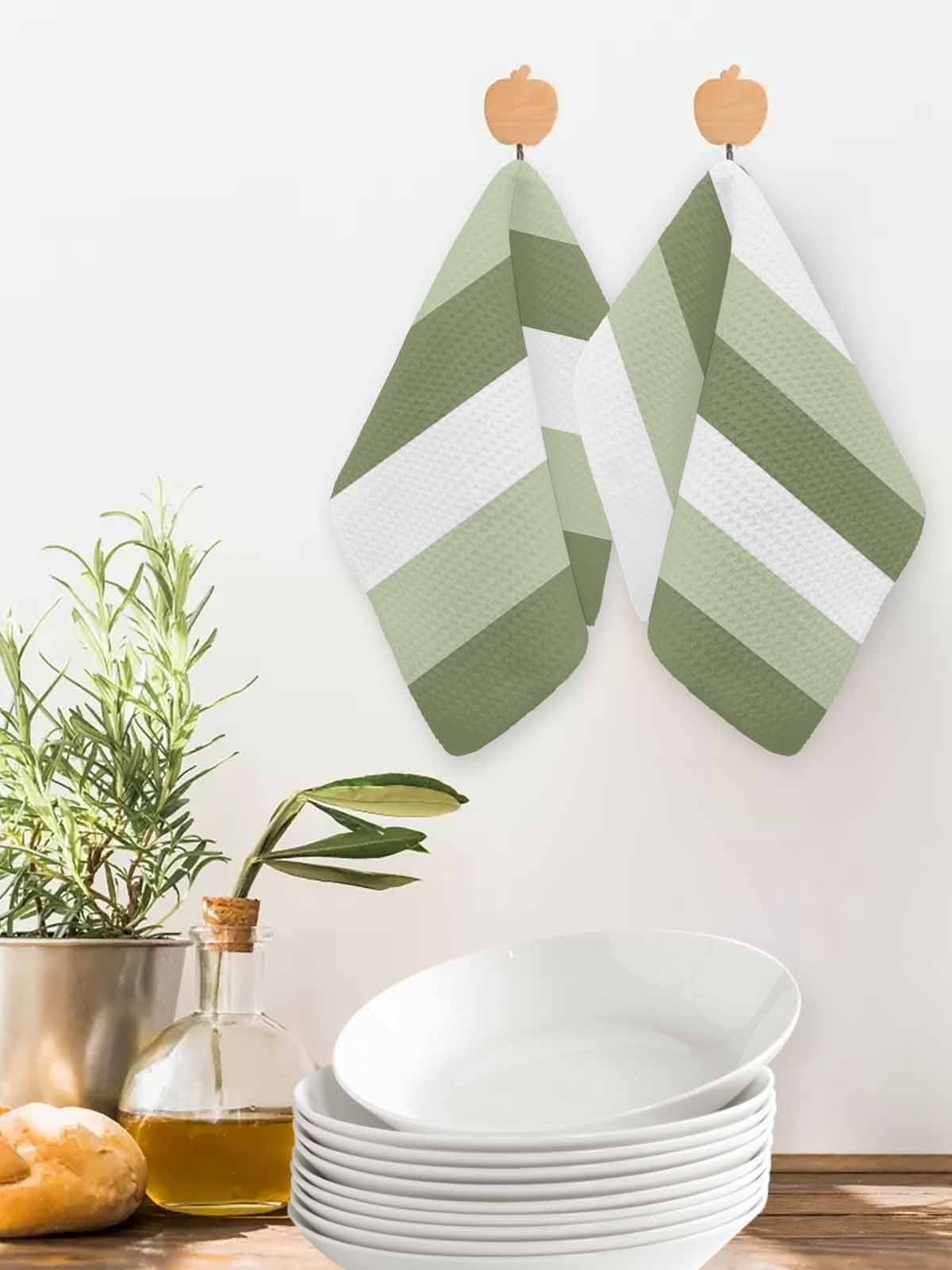 Sage Green White Striped Dish Towels Set, Waffle Weave Kitchen Towels 3 Pieces, Farmhouse Stripes Microfiber Hair Face Bath Tea Towel Absorbent Quick Drying Cleaning Dish Cloths, 12"x12"